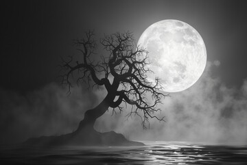 A dark and moody landscape with a large tree in the foreground and a full moon in the background