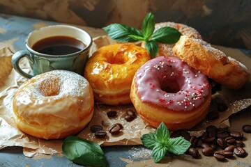Fototapeta na wymiar Delicious donuts with coffee and beans on table close-up. Donuts on a Background with Copy Space. 