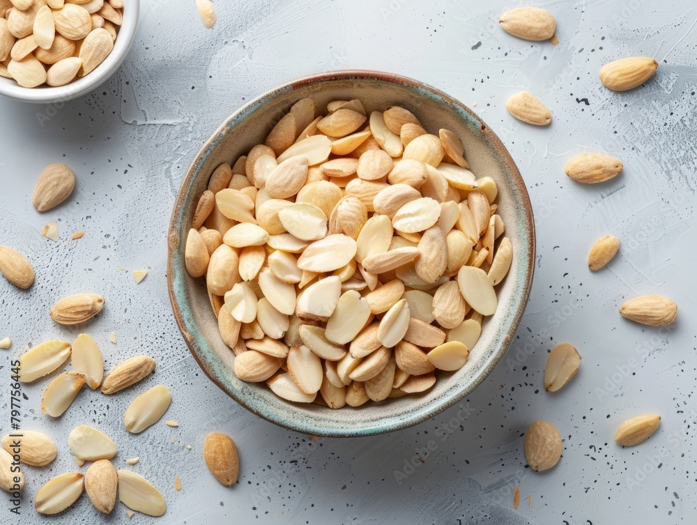 Poster almonds in a bowl and peanuts scattered around them on a white surface