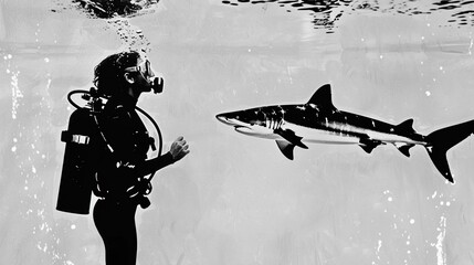 Underwater, a diver encounters the terrifying presence of a shark, highlighting the fear and danger of the deep sea Decoration