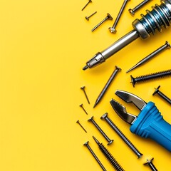 Fototapeta premium A pair of pliers among screws on a yellow background