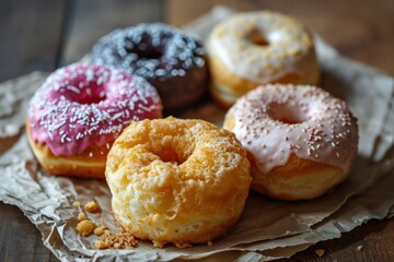 various types of donuts on a wooden background, close up. Donuts on a Background with Copy Space. 