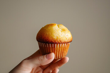 hand holding a muffin on a brown background