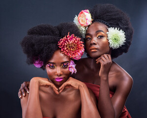 Beauty, flowers and black women with skincare, art and eco friendly cosmetics in studio for spring....
