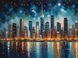A palette knife painting of a bustling city skyline at night, with skyscrapers reaching towards the stars.