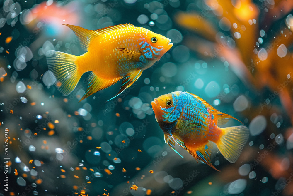 Wall mural a pair of colorful tropical fish darting around a fish tank, feeding on flakes of fish food floating - Wall murals