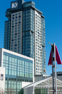 exterior of Hotel X Toronto by Library Hotel Collection, a five star hotel, located at 111 Princes' Boulevard on the grounds of Exhibition Place in Toronto, Canada