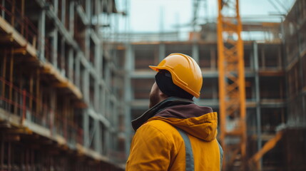 Construction worker standing in front of a busy construction site surrounded by equipment and materials, ready to continue working