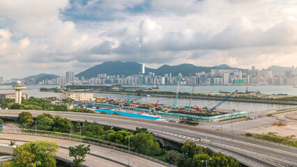 Top view of Hong Kong at day time from kowloon bay downtown timelapse