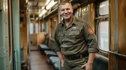 A Russian man dressed in a khaki shirt stands in a train carriage with a charming smile, blur effect in the backgraund
