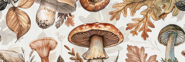 A vintagestyle illustration of various mushrooms. AI generative.