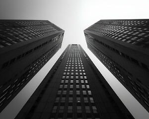 three tall buildings in black and white with sun shining through them