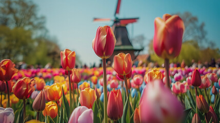 Assortment of tulips with a windmill backdrop, AI-generated.