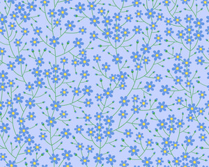 Spring seamless pattern. Cute delicate simple pattern with small flowers and buds. Blue flowers on a blue background. Summer pattern. Vector pattern for design and fashion prints. 