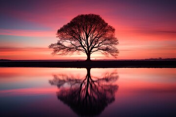 a tree on the shore with reflection of it at sunset