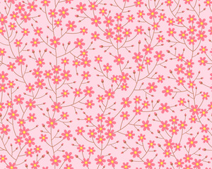 Spring seamless pattern. Cute delicate simple pattern with small sakura flowers and buds. Pink flowers on a pink background. Summer pattern. Vector pattern for design and fashion prints. 