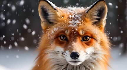 Obraz premium A magnificent red fox with shimmering snowflakes on its fur looks straight into the camera, its sharp eyes reflecting the snow falling.