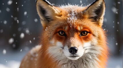 Fototapeta premium A magnificent red fox with shimmering snowflakes on its fur looks straight into the camera, its sharp eyes reflecting the snow falling.