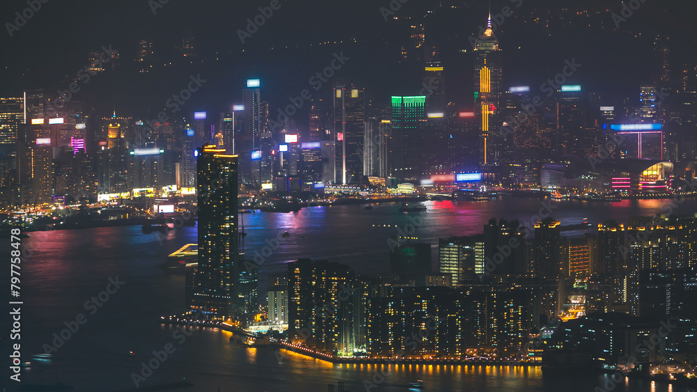 Wall mural Top view of Hong Kong night cityscape, View from kowloon bay downtown timelapse