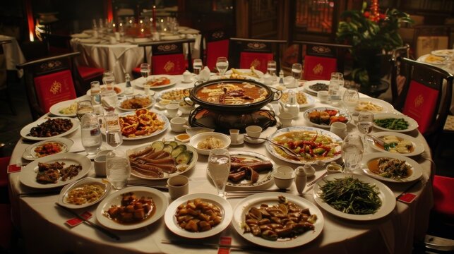 Group of chinese of food peking duck and other menu on the round table in restaurant. AI generated