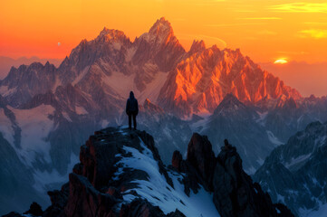 the person standing on the top of a mountain at sunset