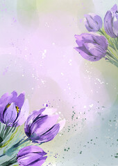 Spring flowers, creative design with crocuses on watercolor abstract background. Seamless spring background with a field of snowdrops. Watercolor print for an invitation, a holiday with purple