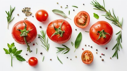 Top view group fresh red tomatoes, spices and herbs leaves on white background. AI generated image