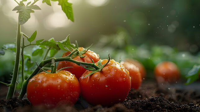 A cluster of tomatoes resting atop a mound of soil beside a lush, green foliage plant