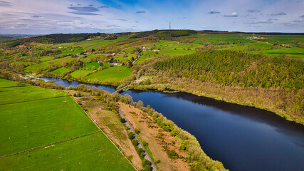 Fototapeta na wymiar Verdant River Valley Aerial View in North Yorkshire
