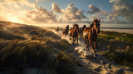 a herd of wild horses running down a sandy beach at sunset