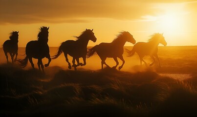 horses run across a dry grass field during sunset at the beach - obrazy, fototapety, plakaty