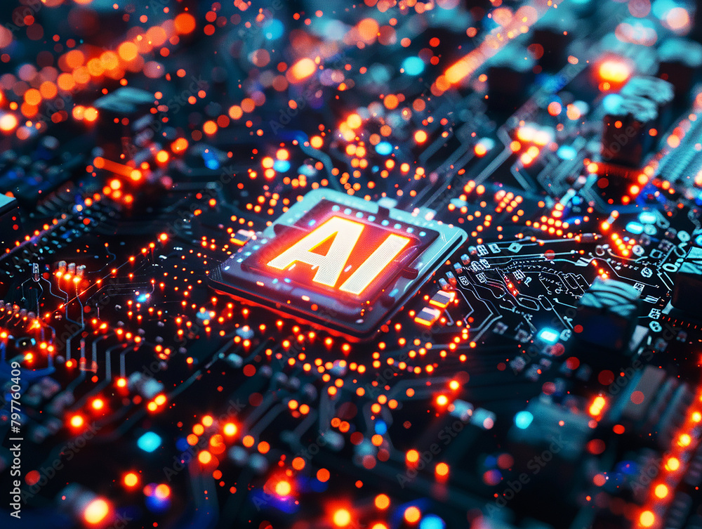Poster a computer motherboard with a state-of-the-art ai processor. ai generative.