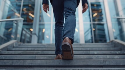 Close-up of a leg businessman walking up the stairs in front of a modern office building. back view