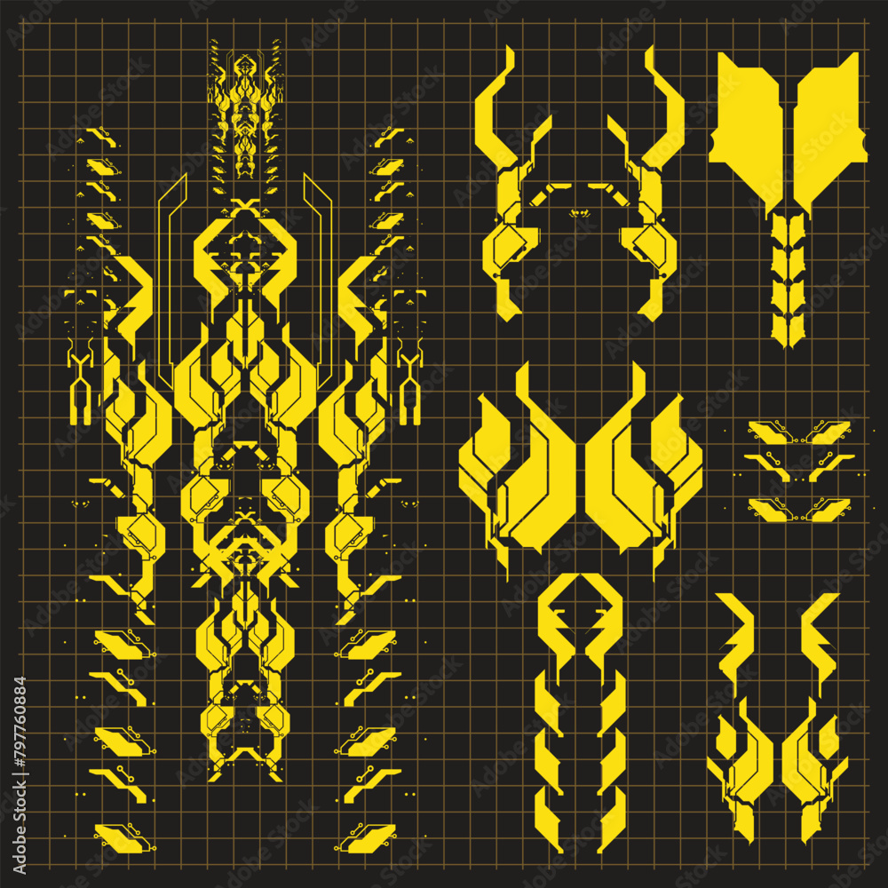 Poster cyberpunk scifi gaming futuristic icon hud pattern seamless set collection template, 2d illustration