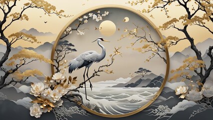 Landscape with gold silhouette crane birds. Chinese wave decorations in vintage style with grey circle watercolor texture. Geometric branch of flower decoration