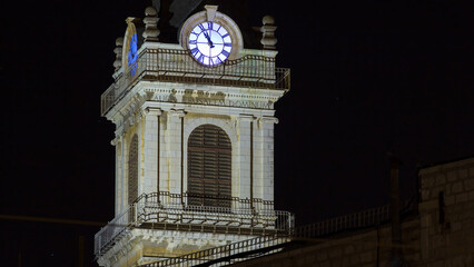 Church clock tower timelapse - Terra Santa High School in Old Jerusalem. Israel