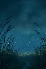 A cinematic visual of a serene night scene, showcasing a vast field lit up by the blinking lights...