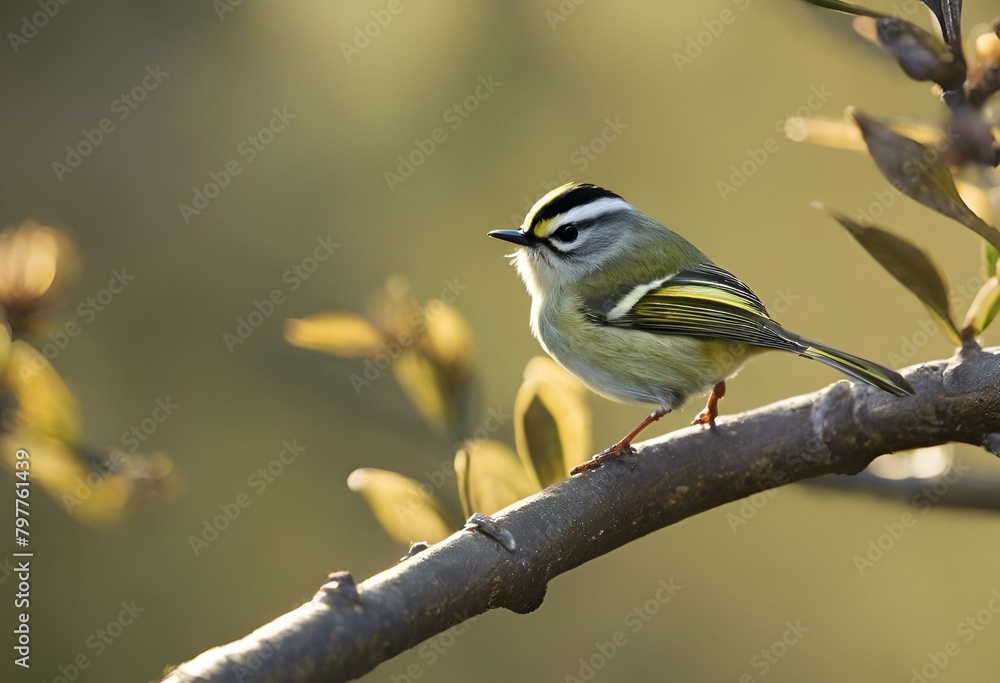 Poster Tiny bird perched on a tree branch next to leaves, AI-generated.