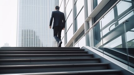 young businessman walking up the stairs in front of a modern office building. back view