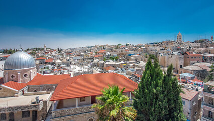 Skyline of the Old City in Jerusalem with historic buildings aerial timelapse, Israel.