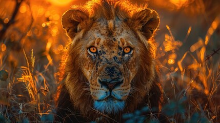 African Lion Male Hidden In Bush For Hunting, Okavango, Botswana - Generative AI