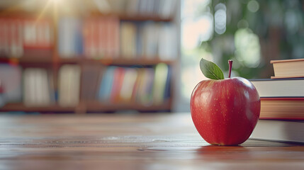 Red apple on teacher's desk with stack of books, blurred student desks in the background. Educational environment concept. Suitable for back-to-school designs and print. Large copy space - obrazy, fototapety, plakaty