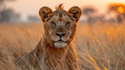 African Lion, Young Male. Botswana Wildlife. Lion, Close-Up Detail Portrait In Golden Grass -...