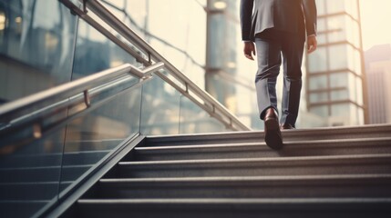 Close-up of a leg businessman walking up the stairs in front of a modern office building. back view