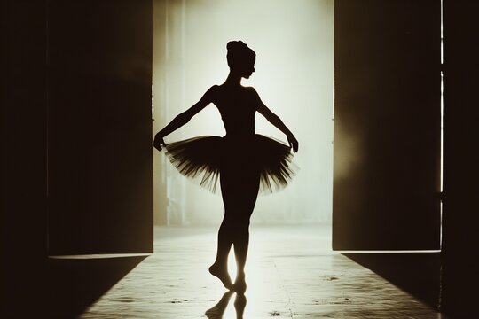 Silhouette of a ballerina dancing in a spacious room, AI-generated.