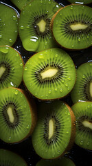 fresh kiwi fruit adorned with glistening raindrops of water background poster 