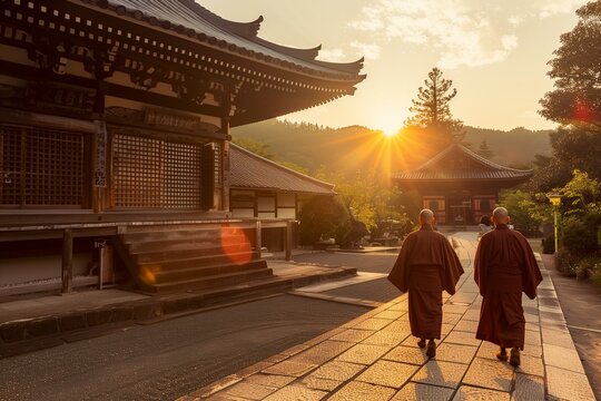 Two monks strolling in front of a pagoda at sunset