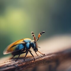 AI generated illustration of a beetle perched on log outdoors, green background blurred