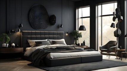 Illustration of a contemporary, dark bedroom with wall décor.