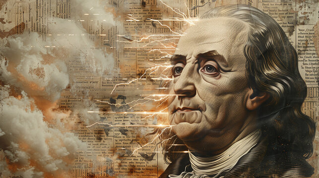 vintage collage style antique portrait illustration of Benjamin Franklin, old newspaper texture, press